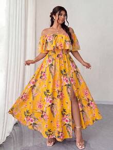 Elenzga Plus Size Women's Yellow Summer Boho Vacation Holiday Floral Print Off-Shoulder Ruffle Hem Waist Pleated Maxi Dress, Dates Travel Outing - Multicolor - View 5