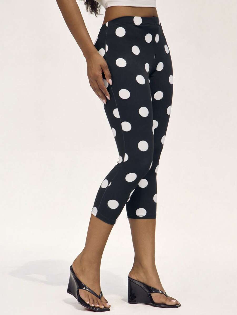 Denimoi Quần legging lửng chấm bi cho kỳ nghỉ hè, quần lửng chấm bi kiểu châu Âu, quần lửng dự tiệc brunch. - màu đen - Xem 1