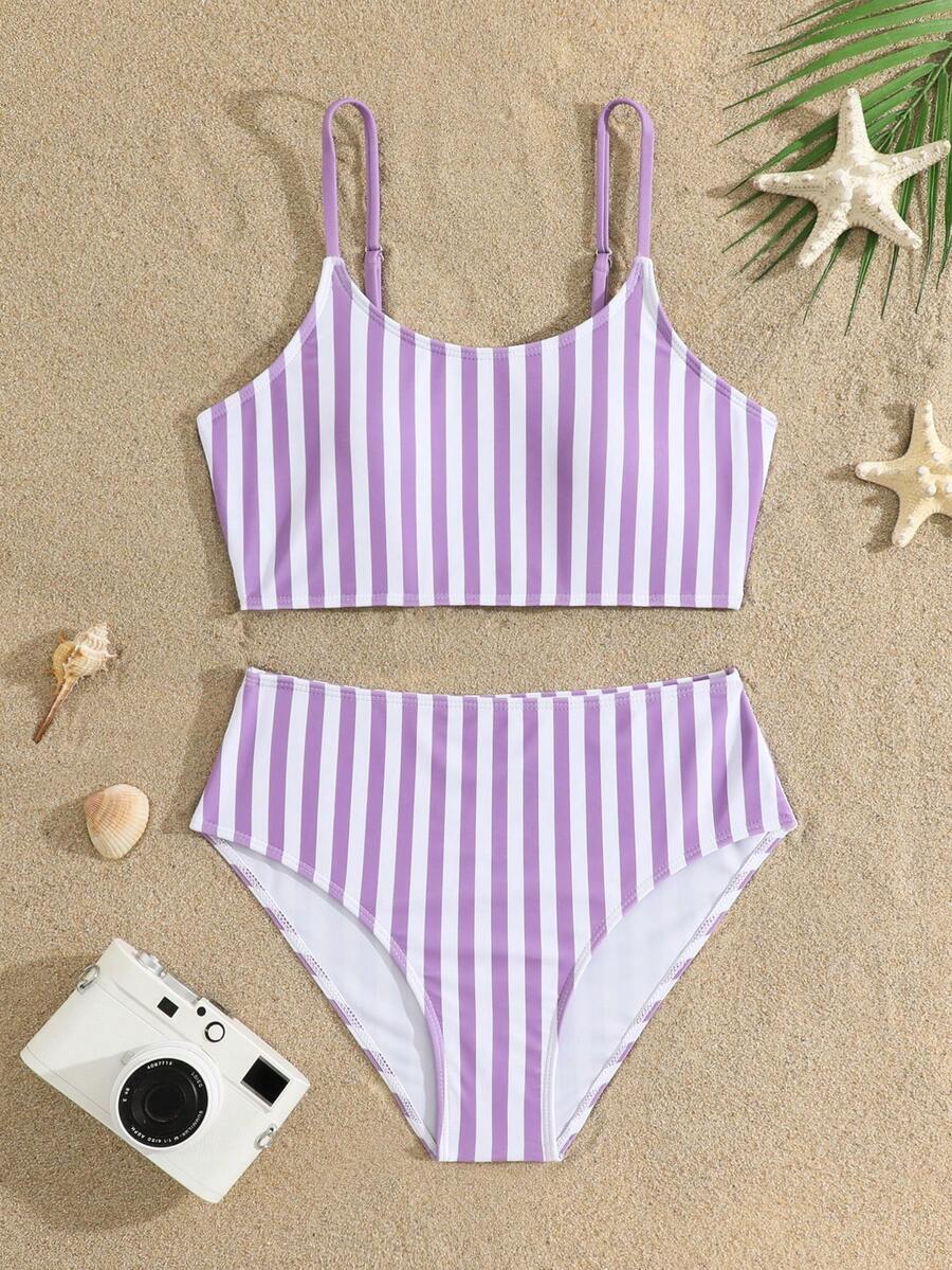 SHEIN Teen Girl Striped Print Spaghetti Strap Bikini Set - Purple - View 1