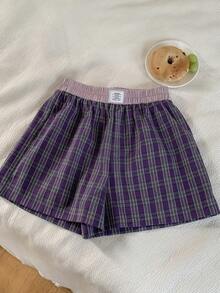 DAZY Pantalones cortos de pijama con estampado de cuadros, parches y cintura elástica para mujer, para verano - Morado - Ver 11