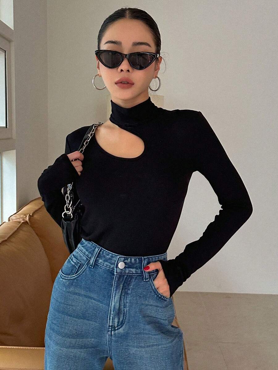 DAZY Cut Out Asymmetrical Neck Tee Going Out Tops,Fall Clothes Long Sleeve Women Tops Turtleneck Women - Black - View 1