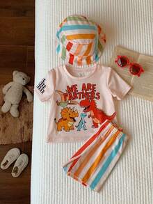 SHEIN Bộ 3 món cho bé trai bé gái mùa hè, áo thun ngắn tay họa tiết hoạt hình dễ thương thoải mái vui nhộn, quần short, mũ kẻ sọc, bộ đồ mùa hè, bộ kẻ sọc, bộ đồ đi du lịch, bộ đồ đi du lịch - Nhiều màu - Xem 7