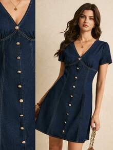 Poéselle Women's Casual Front Button V-Neck Short Sleeve Denim Mini Dress, Autumn Dress, Outfits, Navy Blue Button, Casual,Elegant Dress, Holiday Dress. Date - Black - View 4
