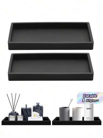 2pcs Set 7.9-Inch Black Bathroom Silicone Tray, Flexible Rectangular Soap Dish For Bathroom And Kitchen Countertop, Modern Minimalist Style Vanity Tray Storage Rack, Bathroom Accessories - Black Home Bathroom Decor Bathroom Organizer Fall Decor Back To School