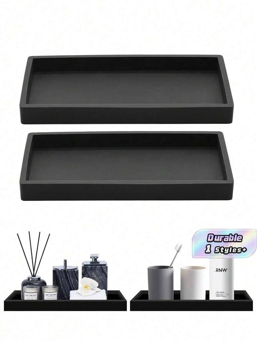 2pcs Set 7.9-Inch Black Bathroom Silicone Tray, Flexible Rectangular Soap Dish For Bathroom And Kitchen Countertop, Modern Minimalist Style Vanity Tray Storage Rack, Bathroom Accessories - Black Home Bathroom Decor Bathroom Organizer Fall Decor Back To School - multicolor - View 1