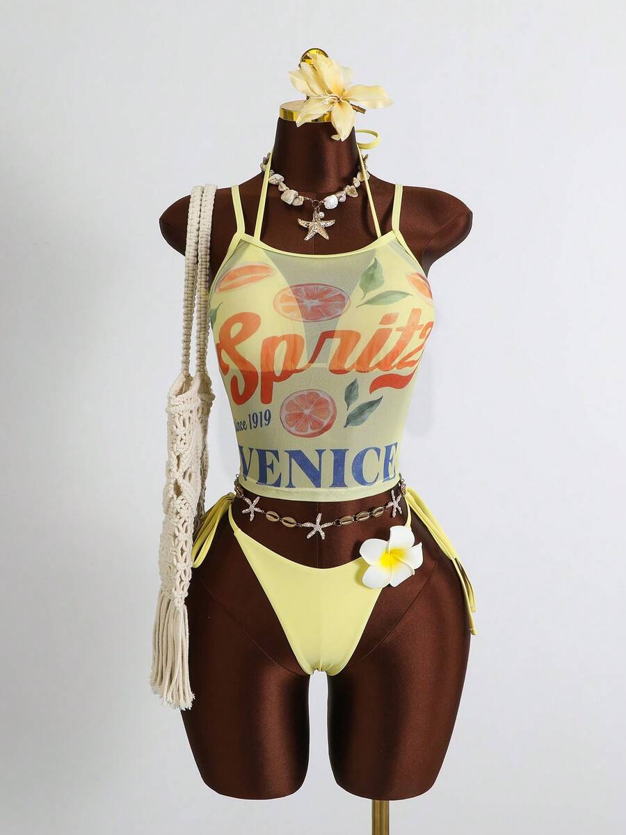Zestiva Swim Mod-D 3件組夏季度假海灘比基尼套裝,網格印花與純色細肩帶背心、細肩帶三角杯胸罩、花卉飾品側綁比基尼褲,性感女款背心套裝 - 彩色 - 查看 1