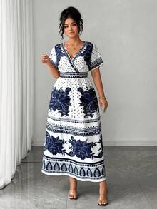 Elenzga Plus Size Elegant Commuter Floral & Polka Dot Print Dress, Summer - Navy Blue - View 6
