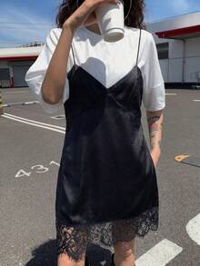 DAZY 女款蕾絲拼接無袖 2 合 1 短袖洋裝 度假夏季款 - 黑與白 - 查看 5