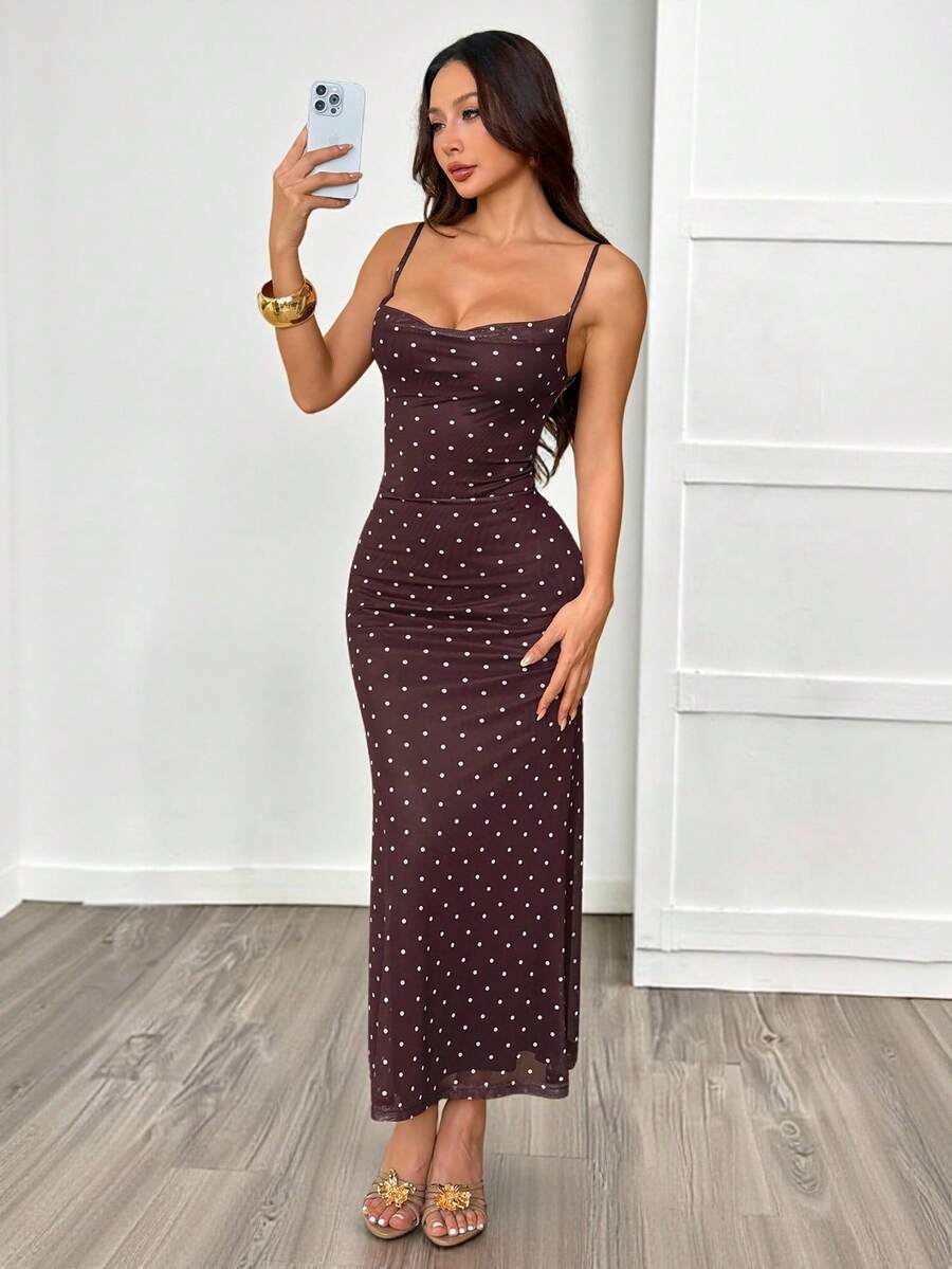 SHEIN PETITE Đầm chấm bi đen không tay cho nữ, đầm chấm bi nâu, đầm maxi chấm bi, đầm dự tiệc cưới, đầm màu nâu cà phê, đầm thanh lịch cho nữ. - màu nâu - Xem 1
