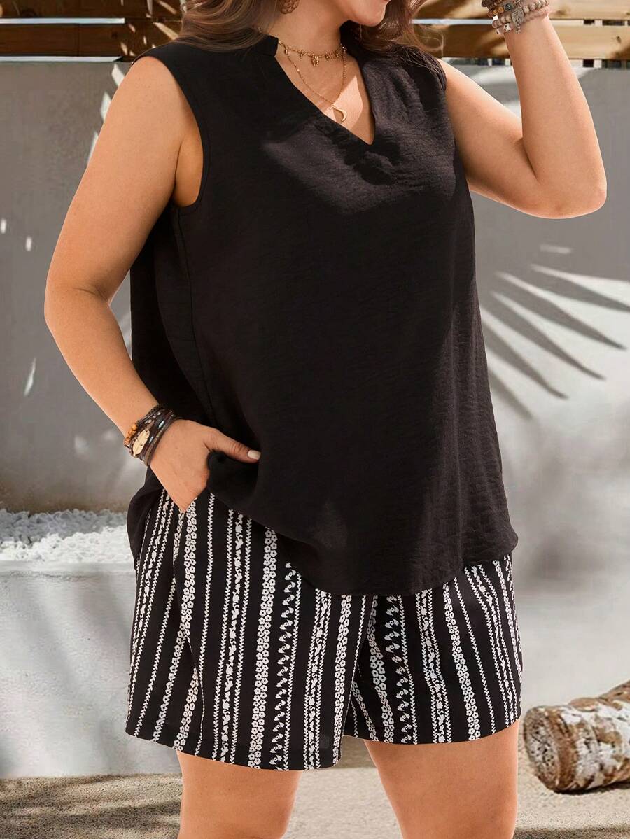 EMERY ROSE Plus Size Women's 2pc Set,Summer Black And White Boho Vacation Outfits,Solid Notch Neck Sleeveless Blouse Top & Striped Print Shorts With Pockets - Black and White - View 1