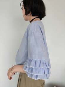 FRIFUL Women's Fashion Versatile Striped Single-Breasted Layered Ruffle Cuff Shirt - Blue - View 2