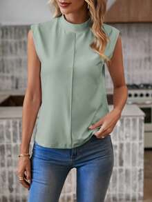 Easowa Camiseta De Manga Corta Con Cuello Alto Para Mujer - verde menta - Ver 7