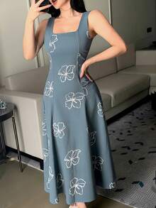 DAZY Vestido de mezclilla con cuello cuadrado sin mangas y estampado floral elegante para mujer, vestidos de verano para mujeres - Azul - Ver 3