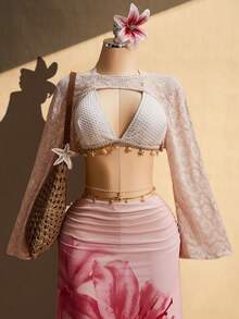 SHEIN ICON Áo thun dệt kim jacquard tay ngắn khoét lỗ - Màu be - Xem 1
