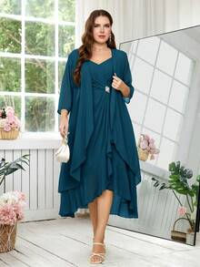 Reflora Gaun Pesta Elegan Wanita Ukuran Besar dengan Hiasan Berlian Imitasi, Atasan Camisole dan Jaket Luar Ringan Transparan, Set 2 Potong - Teal Blue - View 3
