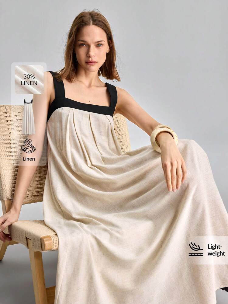 Women's Linen Blend Maxi Dress,Black And Beige Summer Effortless Chic Vacation,Loose Fit Color Block Design,Minimalist Elegant A-Line Ruffle Hem