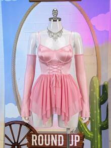 Fantasy Costume Fantasy Costume Bộ 2 món trang phục cosplay nữ hình yêu tinh, váy lưới và tay áo. - Hồng - Xem 9