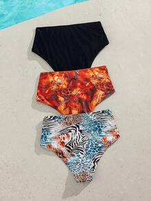 SHEIN Swim Swim Lushore-D 女款夏季復古高腰抓皺豹紋 & 暖色調紮染對比黑泳褲，修身收腹海灘度假泳裝下身 - 彩色 - 查看 2