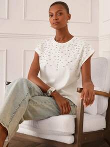 Lilora Áo thun nữ cổ tròn bằng cotton đính đá lấp lánh thanh lịch, kiểu dáng cao cấp, đa năng, trang nhã, phù hợp cho đi làm, đi chơi, tụ họp, hẹn hò, dự tiệc, thư giãn, dã ngoại, kỳ nghỉ, mùa hè. - trắng - Xem 7