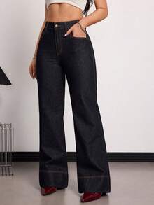 SHEIN PETITE Quần jeans ống rộng cạp cao màu xanh đậm dành cho nữ, kiểu dáng thoải mái hàng ngày và công sở. Quần denim ống rộng cạp cao dành cho nữ, kiểu dáng thanh lịch mùa hè và phù hợp với trang phục hàng ngày. Quần jeans ống loe dáng rộng có túi dành cho nữ. - Rửa tối - Xem 2
