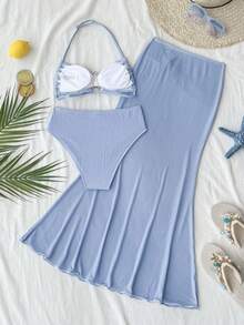 SHEIN Bộ bikini 3 mảnh màu xanh hình sao biển có cúc kim loại dành cho bé gái tuổi teen, thích hợp cho kỳ nghỉ biển, bộ đồ bơi đi biển cho bé gái. - Màu xanh lam - Xem 2