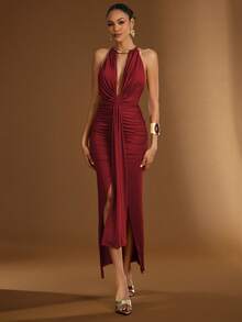 Hauture Gold Metal Halter Neck Ruched Mermaid Hem Open Back Dress With Sash - Burgundy - View 3
