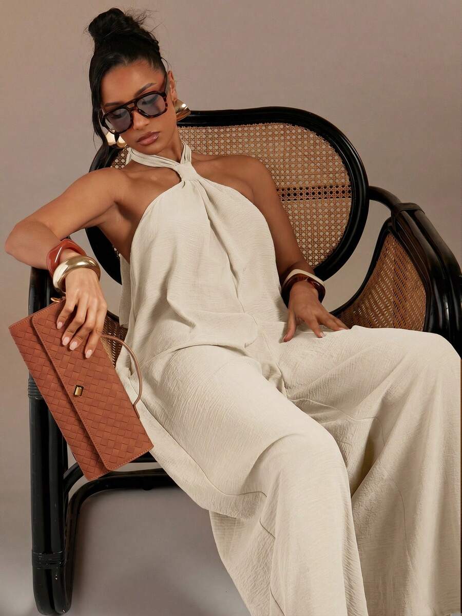 Hauture Women's Sexy Solid Color Backless Halter Neck Loose Jumpsuit - Apricot - View 1