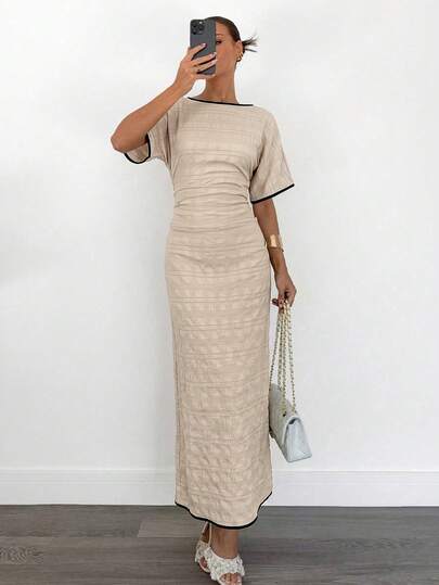 Siren Gaze Vestido elegante y elegante de manga corta con cuello redondo, textura beige y ribete de contraste, vestidos largos para verano e invierno, atuendos para oficina y fiesta