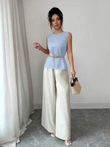 Selianne 2pcs/Set Women's Summer Elegant Work Outfit,Bamboo Fiber Sleeveless Top & Wide Leg Pants,Light Blue And White Dual-Color Casual Commuter Top & Pants - Blue - View 3