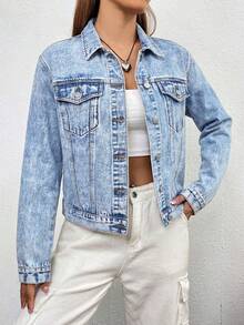SHEIN EZwear 女士纯色前扣口袋休闲长袖牛仔外套 - 淺色水洗藍 - 查看 3