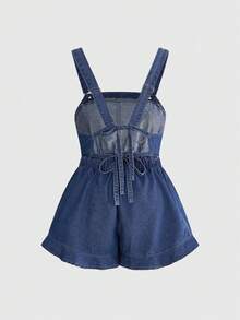 ROMWE Kawaii Quần yếm denim dáng rộng, cỡ lớn, thích hợp cho kỳ nghỉ xuân/hè ở vùng quê. - Màu xanh lam - Xem 2