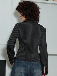 Xuxu's by Gio Fashionable Contrast Color Textured Button Fitted Waist Flattering Striped Collar Long Sleeve Blouse For Women Fall Cloth For Women Black - Black - View 2
