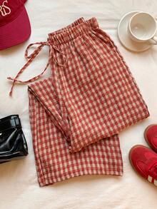 Comfortcana Women's Plaid, Summer, Casual, Picnic Drawstring Waist Pants, Gingham Checkered Trousers, Country Style Spring, Daily Wear Carnival Costume - Orange - View 5