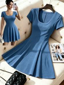 Elenzga Women's Versatile Minimalist Square Neck Solid Color Ruffle Hem Dress, Suitable For Vacation And Everyday Wear - Dusty Blue - View 2