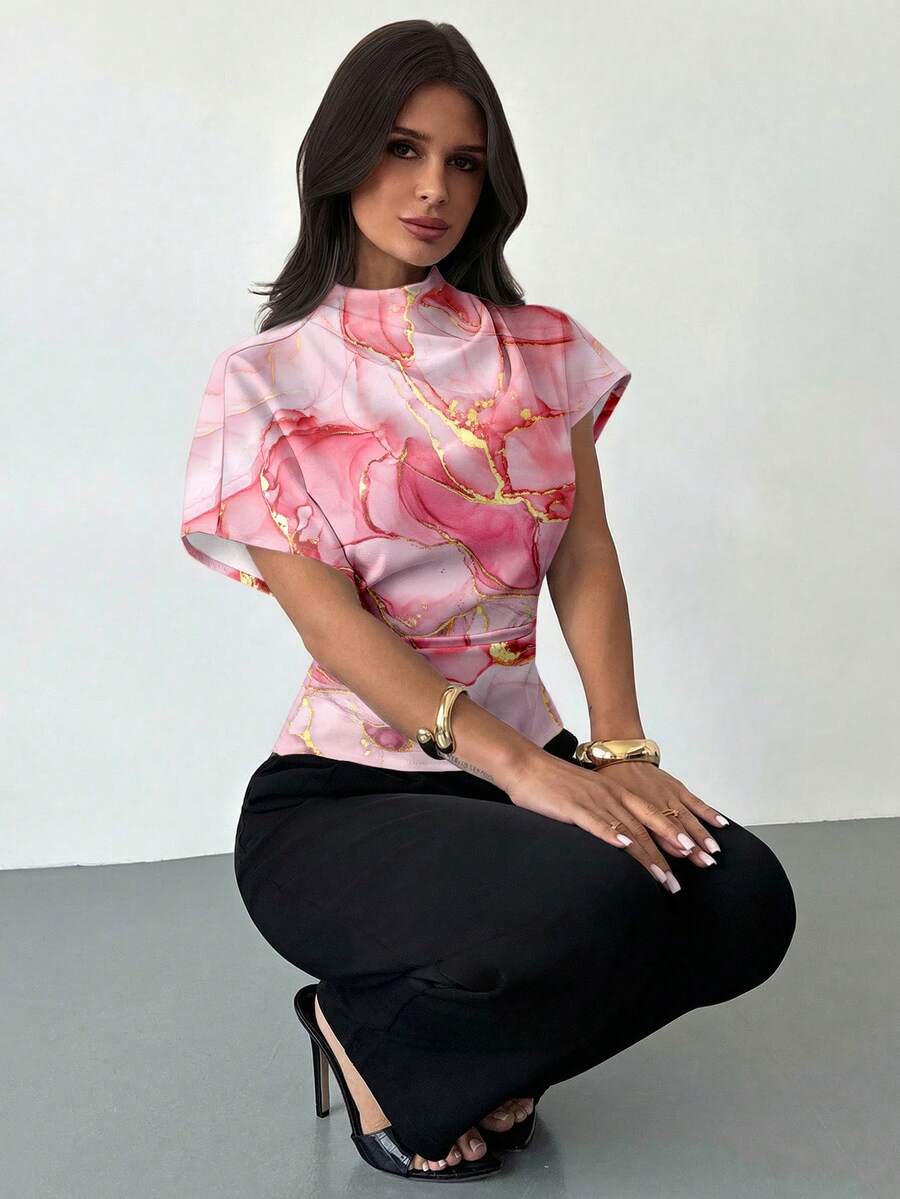 Firerie Crinkle Collar Asymmetrical Sleeve Side Ruched Cinched Waist Commuter Pink Marble Print Blouse For Women, All Season,Summer Top - Pink - View 1