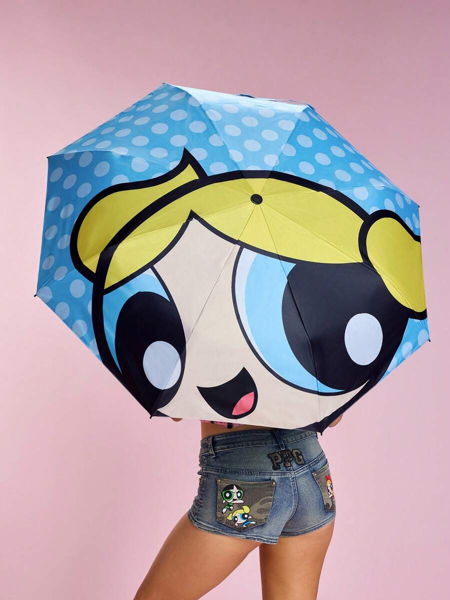 THE POWERPUFF GIRLS X SHEIN 1pc Logo Printed Umbrella, UPF 50+ UV Protection, For School, Work, Outdoor & Daily Use, Designed For College Students, High School Students, Men And Women, Burn Book - Blue - View 1
