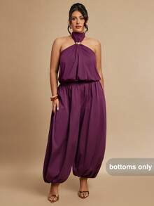 SHEIN BAE Plus Size Casual Elastic Waist Pleated Drape Pants - Purple - View 4