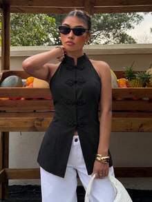 Muchica Women's Elegant Halter Neck Blouse For Summer,Summer Top - Black - View 6