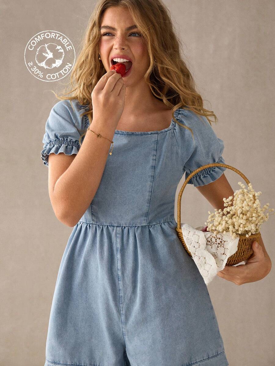 WESTFADE Bộ áo liền quần ngắn tay phồng bằng vải denim dành cho nữ - Rửa trung bình - Xem 1
