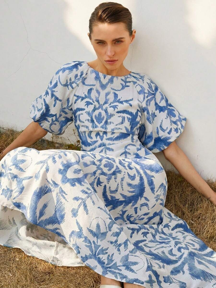 Aveloria Modichic 優雅牙買加歐式度假風藍白花卉印花圓領短袖收腰女款度假夏季洋裝 - 彩色 - 查看 1