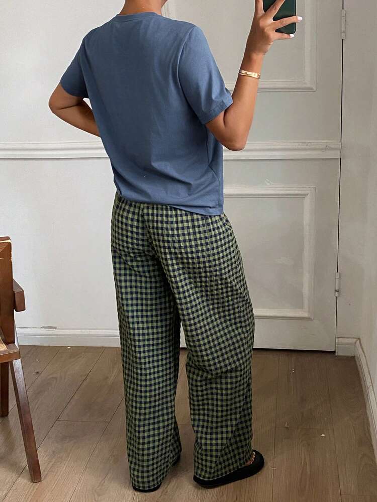 Women's Cartoon Print Short Sleeve Top And Plaid Pants Casual Loungewear Set