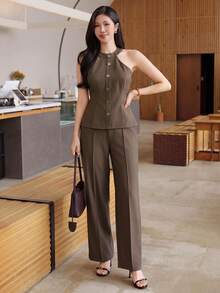 DAZY Bộ 2 món gồm áo hai dây và quần ống đứng kiểu dáng thành thị dành cho nữ, thích hợp mặc đi làm vào mùa xuân và mùa hè. - màu nâu - Xem 9