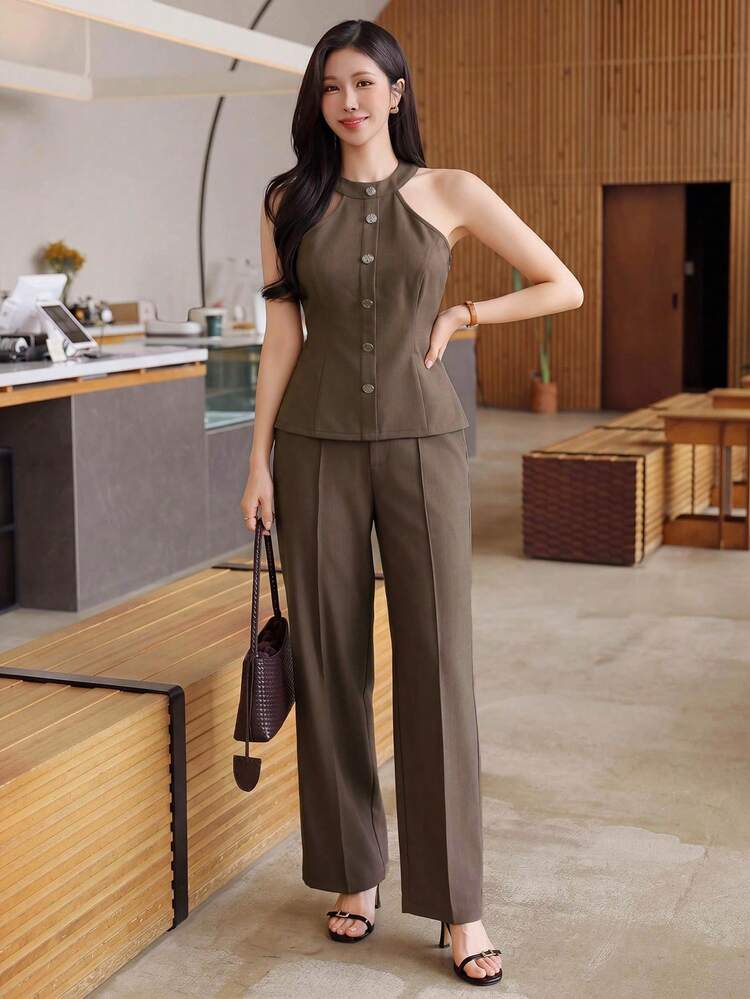 2pcs/Set Women's Casual City Style Camisole Top And Straight Leg Pants, Suitable For Spring And Summer Office Wear