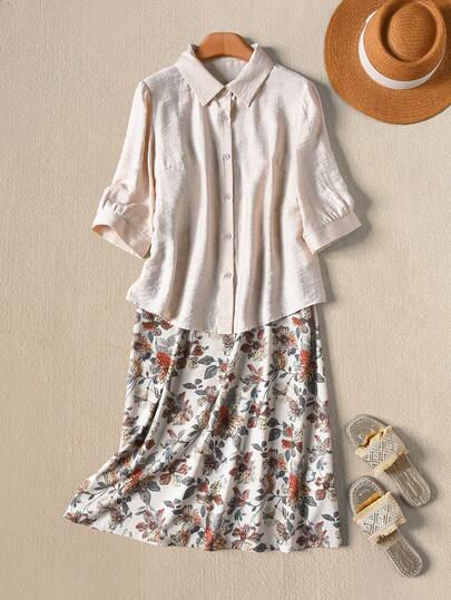 Rusticease 2pcs/Set Women Solid Color Button-Up Shirt And Floral Print Camisole Dress