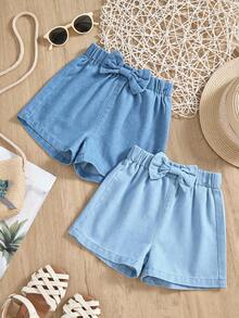 Genkimix Kids 2pcs Baby Girls' Denim Loose Shorts Set, Summer Washed Versatile Comfortable Pockets Design, Bow Decor, Elastic Waist, Light Blue Thin Tencel Fabric, Suitable For Daily Outing And Vacation - Blue - View 3