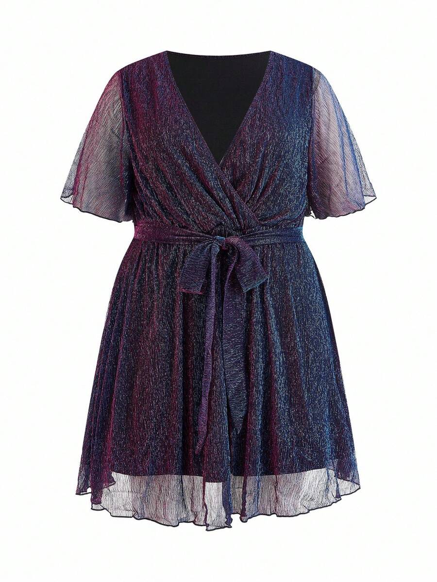 Enliva Vestido de fiesta/noche con escote en V, mangas con volantes y bajo con volantes en degradado para mujeres de talla grande, adecuado para fiestas, el Día de San Valentín, para silueta redondeada tipo manzana, para verano - Morado - Ver 1