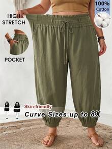 SHEIN CURVE+ Plus Size Women's Summer Casual Casual Formal Loose Elastic Waist Slit Capri Pants, Ladies' Bottoms, Work Vacation, Teacher Olive Green - Black - View 10