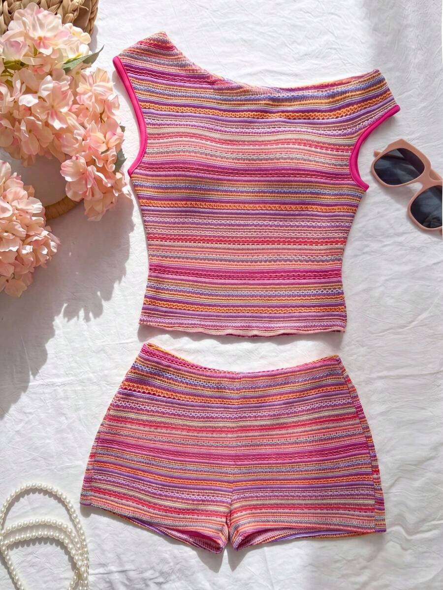 SHEIN Teen Girls Colorful Striped Crew Neck Tank Top Co-Ord Set, Casual Fashion - Brown - View 1
