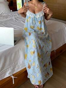 DAZY 度假風抽象塗鴉印花蕾絲飾邊細肩帶長款女式睡裙 夏季睡衣 - 藍色 - 查看 8