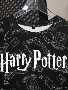 HARRY POTTER X SHEIN Women's Fashion Letter Print Round Neck Short Sleeve T-Shirt, Back-To-School Everyday Daytime Black And White Summer Streetwear Casual - White - View 4